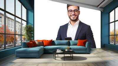 A handsome Spanish man with glasses with a phone on a white background with a copy space. A young smiling businessman, a bank employee, a financial consultant in a business suit Wall mural