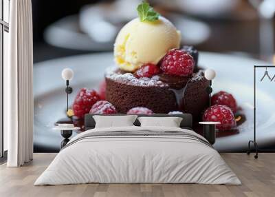 A mouth watering chocolate brownie in close up macro with vanilla ice cream and berries, dark chocolate sauce. Wall mural