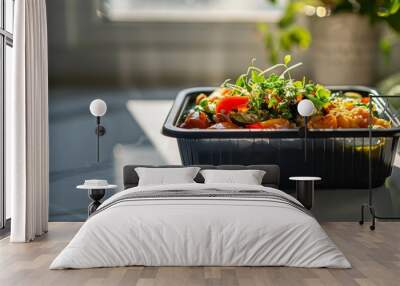 A plastic container filled with food is sitting on a table, ready to be enjoyed Wall mural