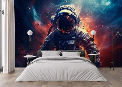 A portrait of a male astronaut explores mysterious outer space. An expedition into deep space in order to search for new planets adapted for human life. Scientific mission flight. Amazing nebula Wall mural