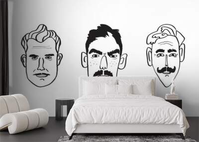 A set of male faces with moustaches. Linear flat drawing. Avatar, icon of a face with a mustache. Wall mural