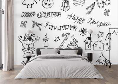 a set of New Year pictures in cartoon style, hand-drawn on a white background. Wall mural