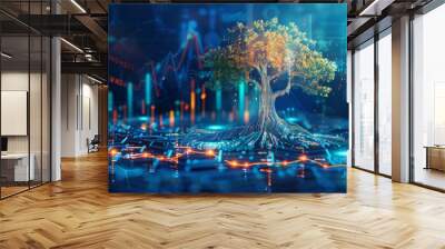 a tree with roots growing out of the ground in front of a stock chart Wall mural