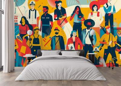 A vivid illustration for Labor Day on May 1, a large advertising banner with a group of people from different professions Wall mural