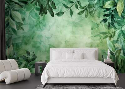 A watercolor painting of green leaves on a green background Wall mural