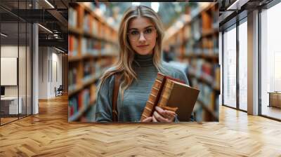 a young smart woman holding books in a university library. Wall mural