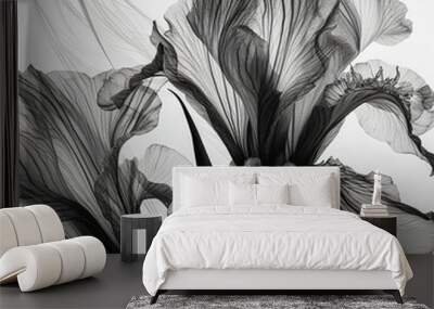 abstract iris petals, black and white illustration. Generative AI Wall mural