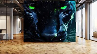 Abstract Panther close-up in blue Neon lighting, green eyes, 3D, Banner, Album design, notebooks, smartphone background Wall mural