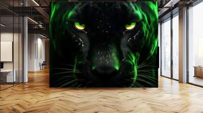 Abstract Panther close-up in green Neon lighting, green eyes, 3D, Banner, Album design, notebooks, smartphone background Wall mural