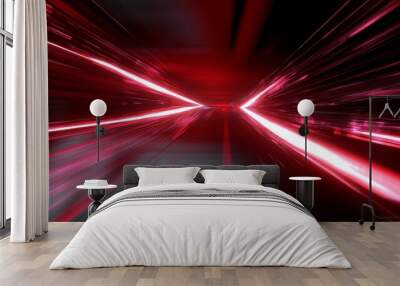 Abstract red lines depict the speed of the road in red. Red light trails on a dark background, with a high speed and fast motion blur effect. Wall mural