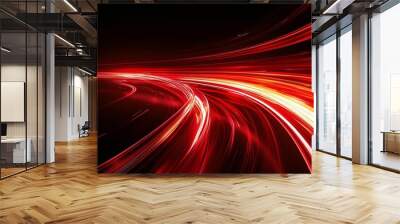 Abstract red lines depict the speed of the road in red. Red light trails on a dark background, with a high speed and fast motion blur effect. Wall mural