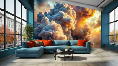 An impressive display of clouds colored by sunset near a smoky horizon. Generative AI Wall mural