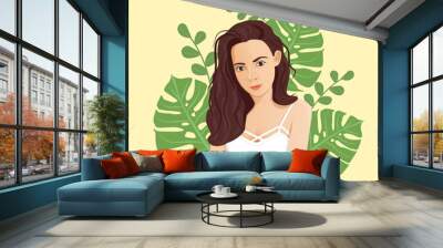 Brunette girl in a white top on a background of exotic leaves. Vector illustration of a girl. Character design concept. Illustration of a girl for advertising, banner, template, flyer, postcard. Wall mural