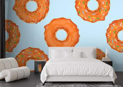 Seamless pattern with orange donuts and colorful sprinkles. Vector illustration for fabrics, textures, wallpapers, posters, cards. Editable elements. Wall mural