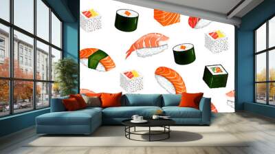 Seamless pattern with sushi and rolls. Nigiri, gunkan maki, uramaki, futomaki, hosomaki. Vector illustration of traditional Japanese cuisine isolated on white background. Wall mural