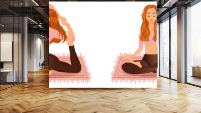 Set of vector illustrations of womens workout. A young red haired girl is engaged in yoga, dance, aerobics, fitness. Collection of female movements and poses on a white background. Wall mural