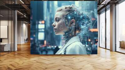 artificial intelligence in the image of a girl, technologies of the future. Wall mural