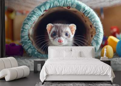 A baby ferret emerging from a patterned fabric tunnel surrounded by plush toys on a soft carpet, creating a cozy and playful atmosphere. Wall mural