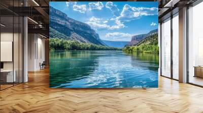 A clear river flowing through a valley with green trees and high rocky cliffs, under a blue sky dotted with clouds. Wall mural