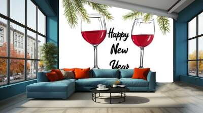 A festive New Year design featuring two wine glasses filled with red wine, decorated with evergreen branches and 