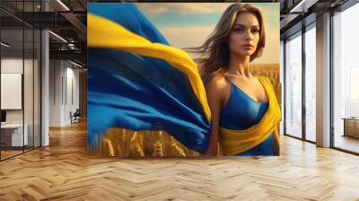 Beautiful girl with elements of clothing in the color of the Ukrainian flag, yellow-blue, sky Wall mural