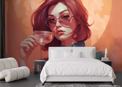 Beautiful woman dressed in pink and amber holds a glass in her hand created with Generative AI technology Wall mural