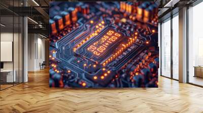 Close-up view of a circuit board with glowing numbers and intricate electronic components, illuminated with orange light, showcasing advanced technology and microchip design.. Wall mural