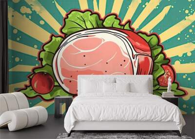 Colorful retro-style illustration of a ham surrounded by lettuce and tomatoes, set against a vibrant burst background. Wall mural