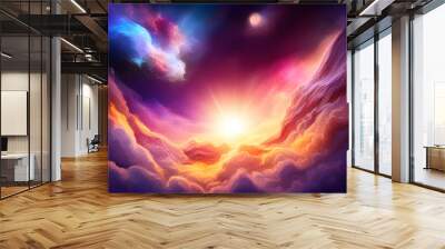 Colourful starburst above multicoloured cloudscape. Concept of Cosmic Energy, divine presence, healing and spiritual jorney. Digital illustration. CG Artwork Background Wall mural