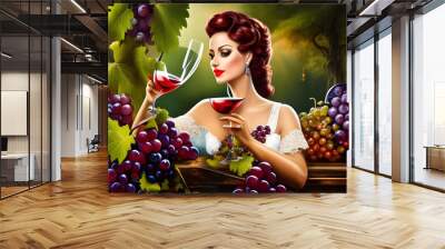 Concept of wine tasting in the wine cellar: a woman with a wineglass next to wine bottles at the bar. Digital illustration. CG Artwork Background Wall mural