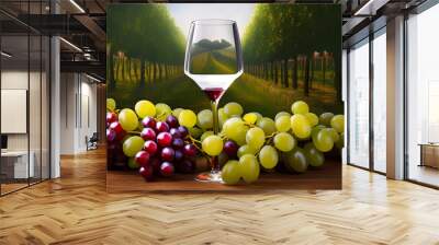 Concept of wine tasting in the wine cellar: wineglass and a bottle with ripe grapes, next to a panoramic view of vineyards at sunset. Digital illustration. CG Artwork Background Wall mural