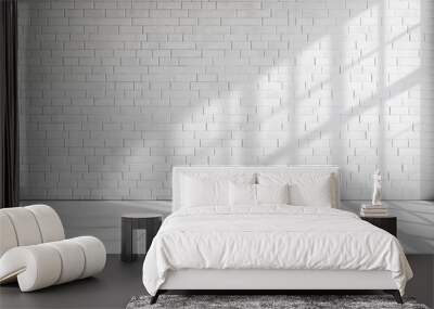 Empty white brick wall and floor with shadows from window, minimalistic interior design. Wall mural