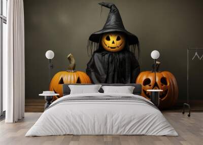 Halloween background, a mystical character with a pumpkin instead of a head in black clothes and a black hat next to two smiling carved pumpkins Wall mural