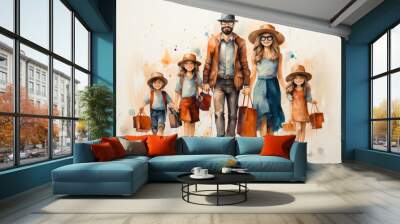 Happy family with beautiful smiles in a store doing shopping. Illustrations Wall mural