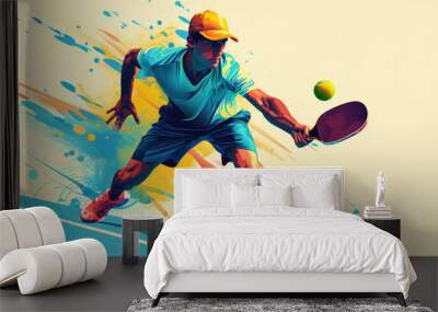 Illustration of a male pickelball player reaching for the ball on a white background Wall mural