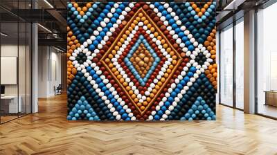 Intricate bead Masai pattern with vibrant colors in blue, orange, and white, creating a detailed and symmetrical design. Wall mural