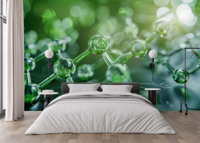 Molecular structure with green translucent spheres and glowing connections against a blurred background. Wall mural