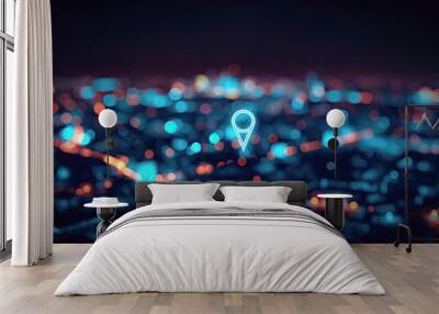 Neon location marker symbol glowing over a blurred cityscape with blue and orange bokeh lights. Wall mural