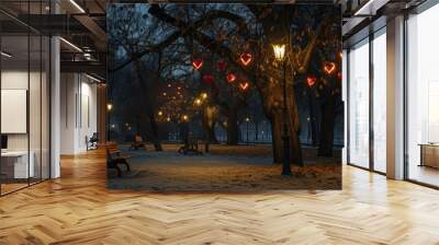 Night park decorated with red hearts illuminating trees with hanging lanterns for Valentine's day, creating a romantic atmosphere of love outdoors Wall mural