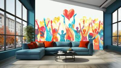 Watercolor illustration of a large group of people raising their hands up towards a big heart. Charitable assistance and volunteer activities. Support and assistance, Multicultural community Wall mural