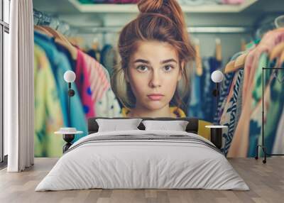 Young woman standing between clothes in a closet, wearing a yellow shirt, looking directly at the camera. Wall mural