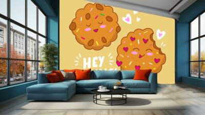 Cute Kawaii Choco Chip Cookies. Cartoon Character with Hey Cookie sign. Wall mural