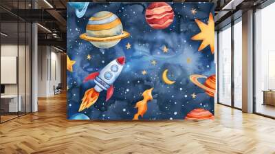 Banner for the World Cosmonautics Day with an astronaut next to a rocket in pastel colors in the style of 3d illustrations with planets and stars around it Wall mural