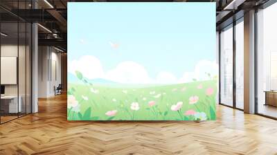 Banner with spring, summer flowers field. Panoramic kids flat illustration of meadow with wildflowers on a background of mountains, blue sky and clouds. Cheerful nature landscape with copy space. Wall mural