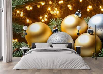 Beautiful background with Christmas and New Year decorations and gold and silver glowing balls on a fir branch.
 Wall mural