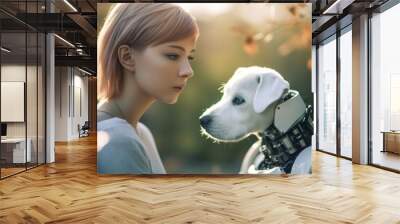 Beautiful girl takes care about her robotic metal dog. Artificial intelligence. Smart machine robot cyber domestic pet friend. Friendship between human and robot dog. Wall mural