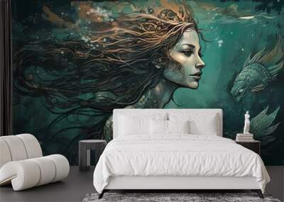 Beautiful mermaid siren of the sea with long curly hair. The mermaid swimming underwater in the deep blue sea. Fantasy woman real mermaid. Myth mystic magic fairy tale concept. Wall mural