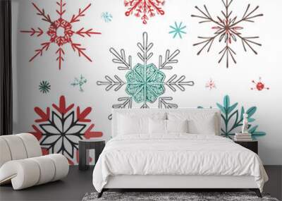 Beautiful snowflake illustration featuring various designs in different colors on a white background for winter themes Wall mural