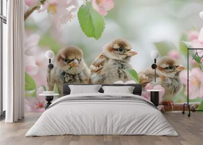 birds are sitting on a branch with pink flowers in the background Wall mural