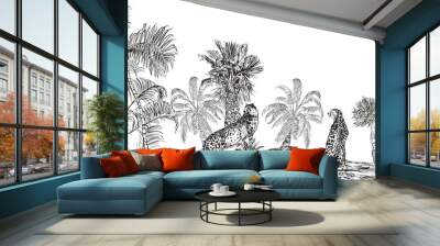 Black and White Lithography Jungle Forest Tropical Plants with Safari Wildlife Cheetah , Panoramic View Tropics Desert Wall mural